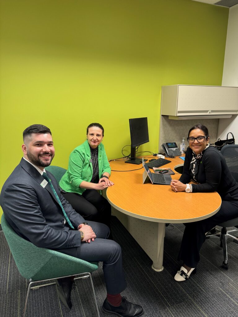 CAPTION: (From Left to Right) TD colleagues Sajad Naderi, Customer Experience Associate, Cristina Radu, District Vice President, Mississauga and Rashmi Vohra, Associate Vice President, Colleague Capabilities, Customer and Employee Experience are pictured discussing the importance of welcoming and empowering diverse talent, and how to elevate diverse voices. Photo supplied by Rashmi Vohra.