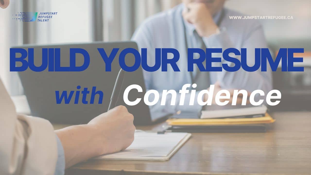 Build Your Resume with Confidence" text overlay on an image of a professional setting where two individuals are engaged in a discussion, with a notebook and documents on a table.