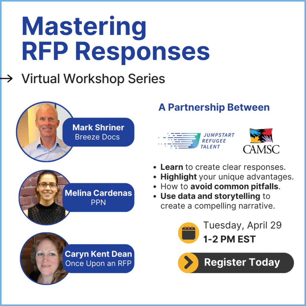 A promotional poster for a virtual workshop titled “Mastering RFP Responses.” It includes headshots and names of speakers Mark Shriner (Breeze Docs), Melina Cardenas (PPN), and Caryn Kent Dean (Once Upon an RFP). The event is scheduled for Tuesday, April 29, from 1–2 PM EST, in partnership with Jumpstart Refugee Talent and CAMSC. Key learning points are listed, and there is a button labeled “Register Today.”