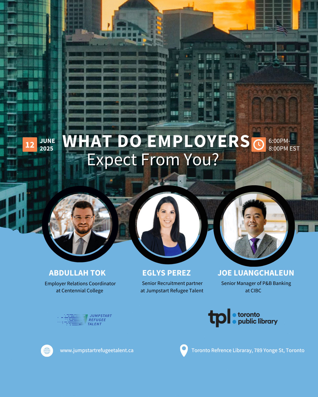 An event banner featuring the Jumpstart Refugee Talent and Toronto Public Library logos, animated text reading "Bridge the gap between your skills and employer expectations," and event details appearing on screen with modern transitions. The background includes dynamic graphics and icons representing employment, networking, and coaching.