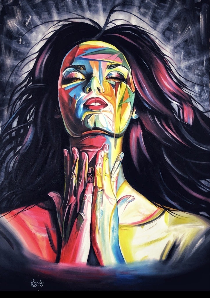 Robaba Mohammady’s piece reflects her emotions and painting skills, with a small signature on the left side of the artwork.