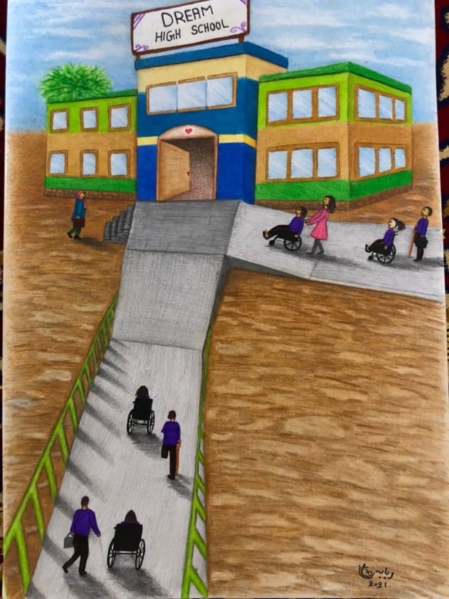 Robaba Mohammady reflects on the importance of education for all—especially for those who require mobility aids to attend school—using the expression “Dream High School” in her piece.