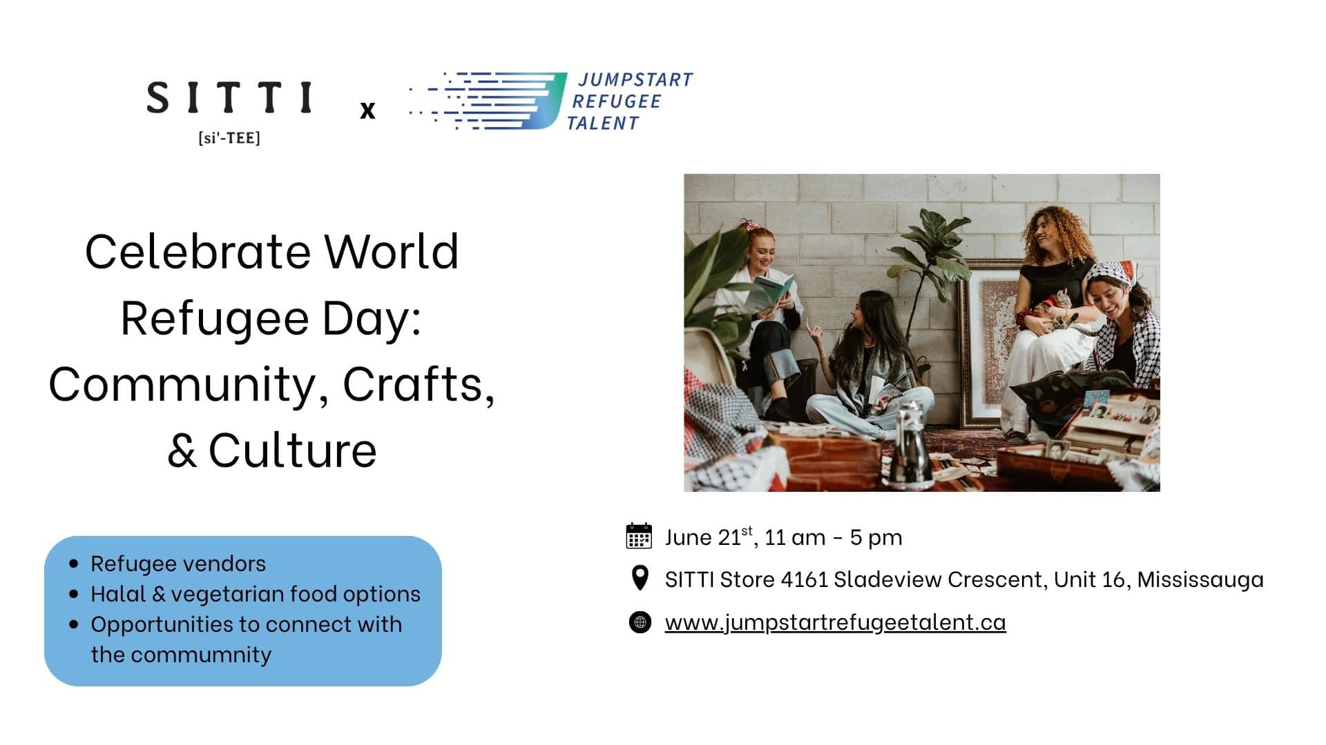 A promotional graphic for a World Refugee Day community event co-hosted by SITTI and Jumpstart Refugee Talent. The image features text details about the event alongside a cozy indoor scene of women chatting, crafting, and reading, surrounded by cultural items.