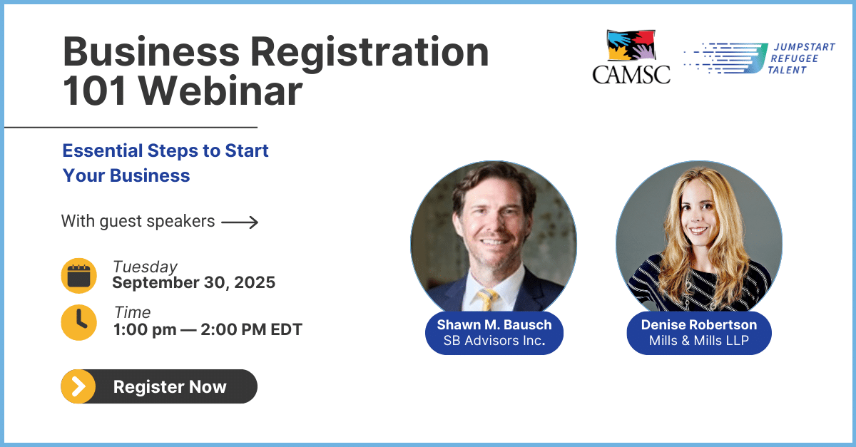 Event banner promoting a free webinar for refugee entrepreneurs on starting a business in Canada, featuring guest speakers from RBC with expertise in business registration, banking, and taxation.