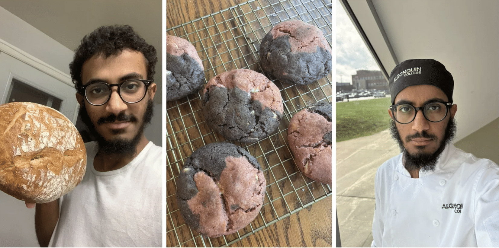 Omar Gaber confidently showcasing his cookie creations, smiling and surrounded by his baking tools.