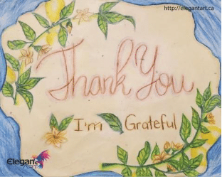 A rectangular, textured plantable postcard. The center features a hand-drawn illustration with the text "Thank you, I’m Grateful" in a delicate script. The text is bordered by green leafy vines and small yellow flowers. The background of the card has a subtle light blue shade around the edges.