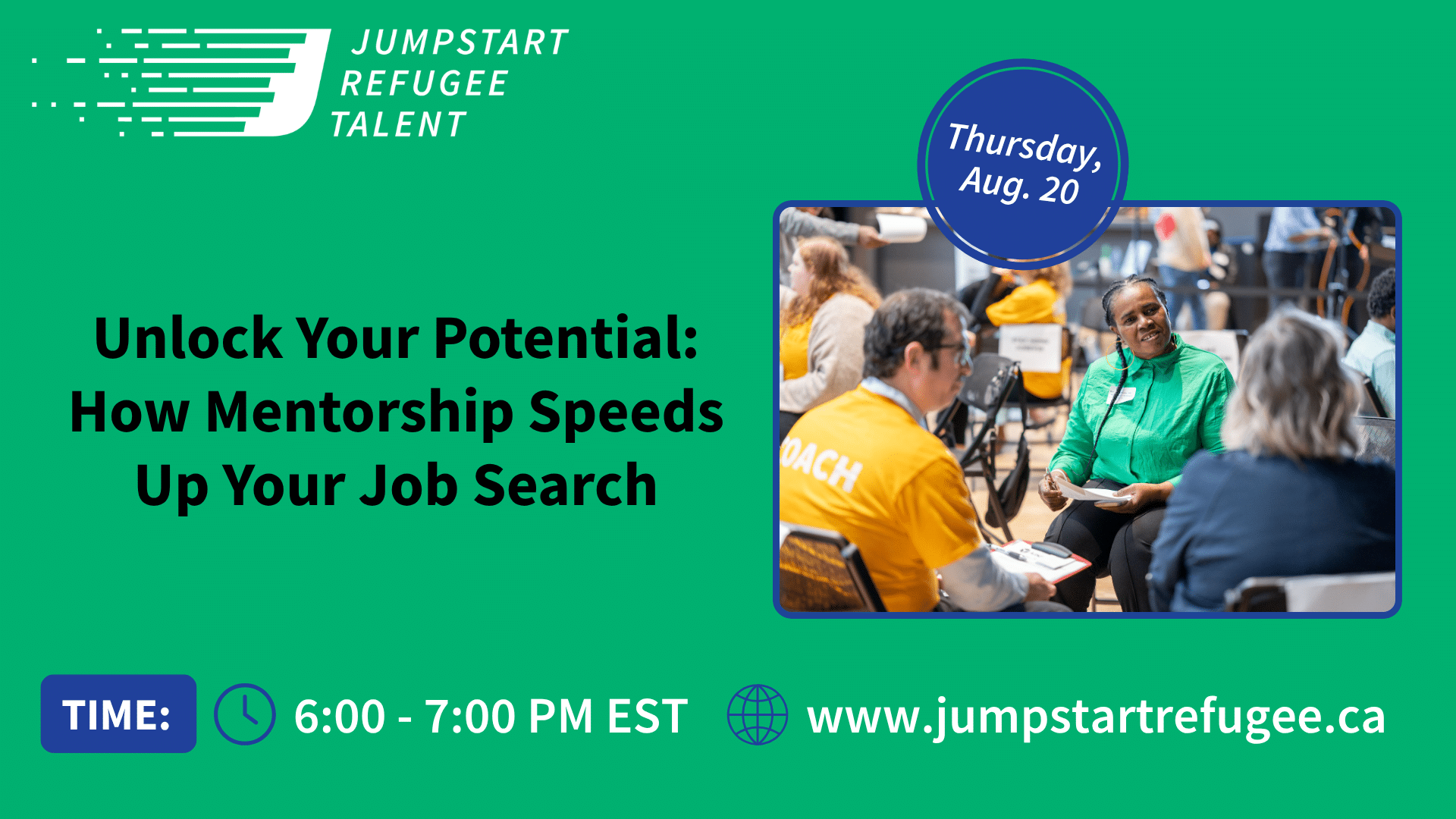 green background Jumpstart Refugee Talent mentorship AMA event banner, Thursday August 20