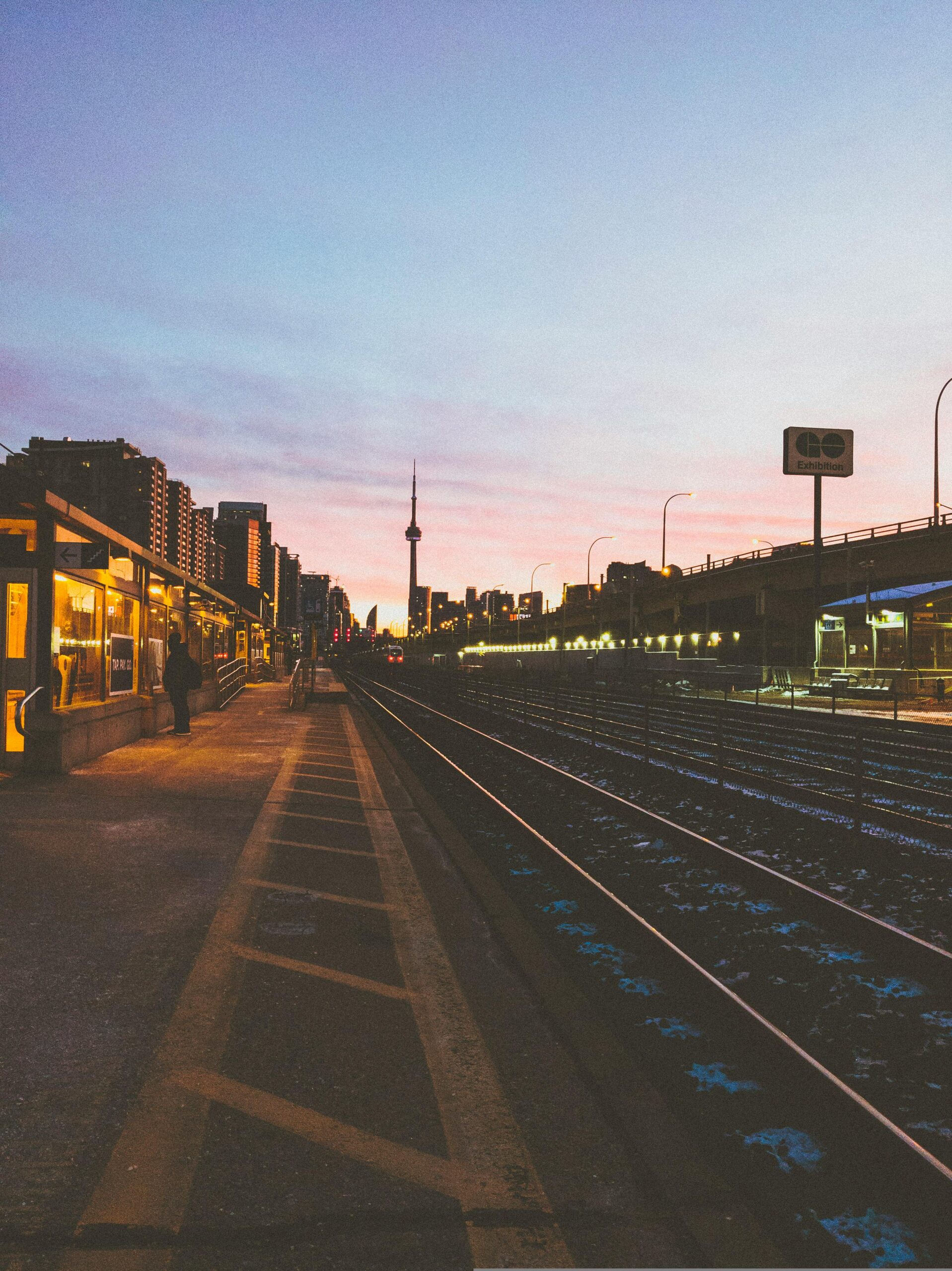 Railway station at dusk in Toronto.